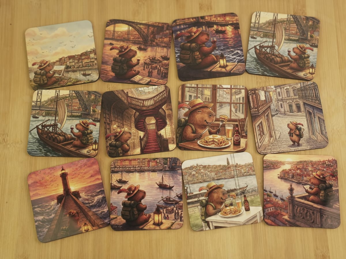Doze bases de copo ilustradas, dispostas sobre uma mesa de madeira